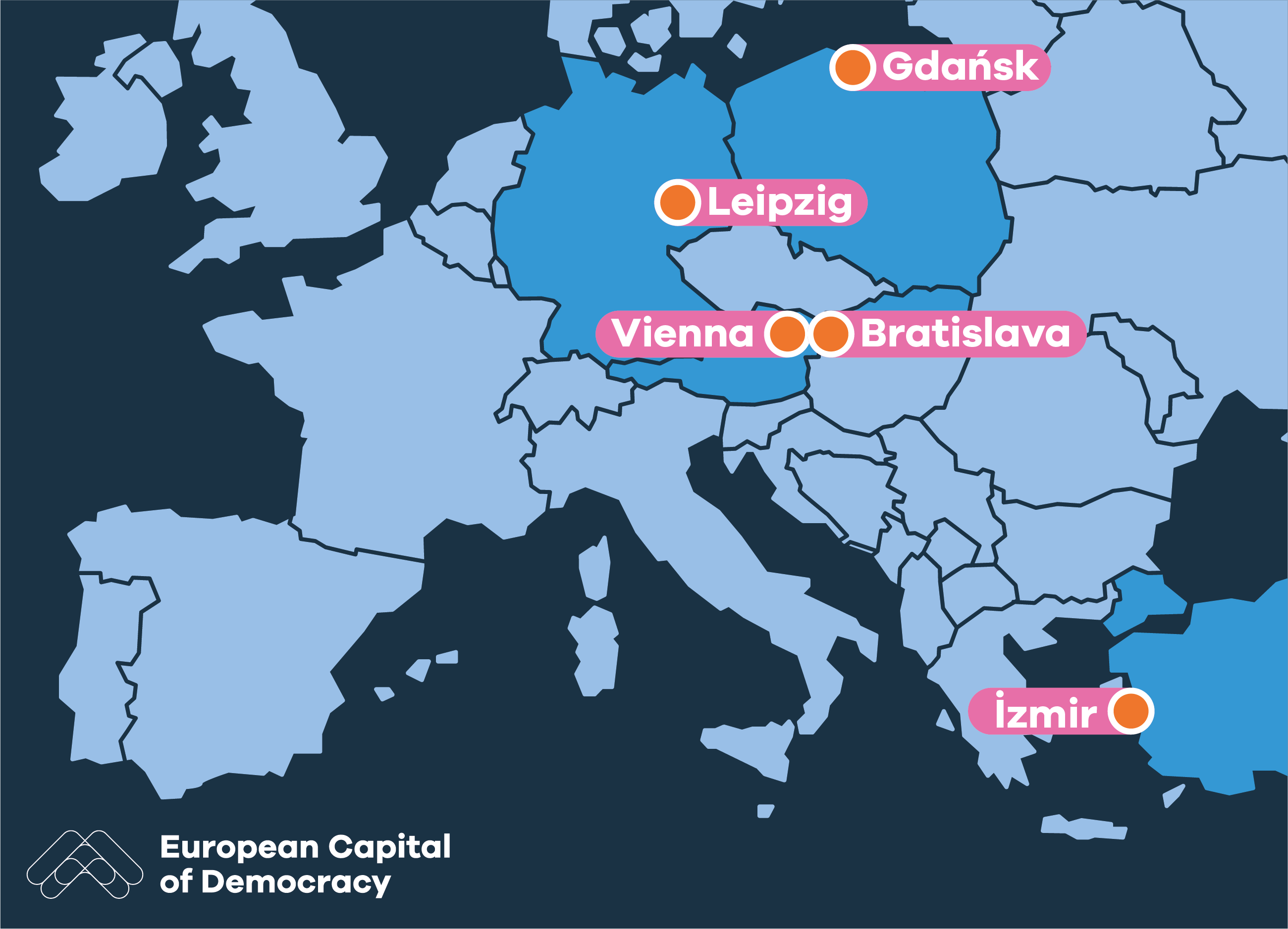 Fünf Städte auf der Shortlist für den Titel „Europäische Hauptstadt der Demokratie 2024/25“.